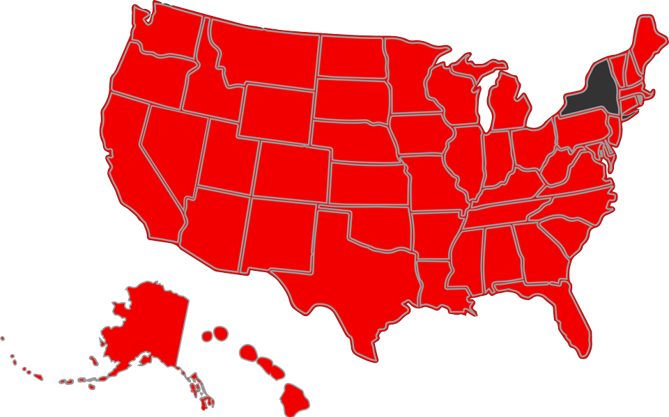 map of USA states. Licensed in every state except New York.